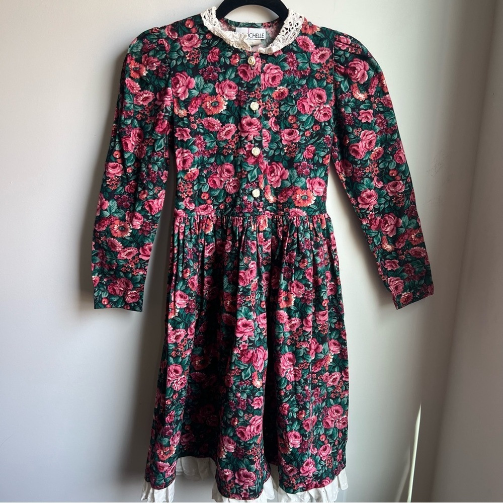 My Michelle Girls' Green Floral Lace-Collar Dress - Pink Roses - 10 - Picture 2 of 6